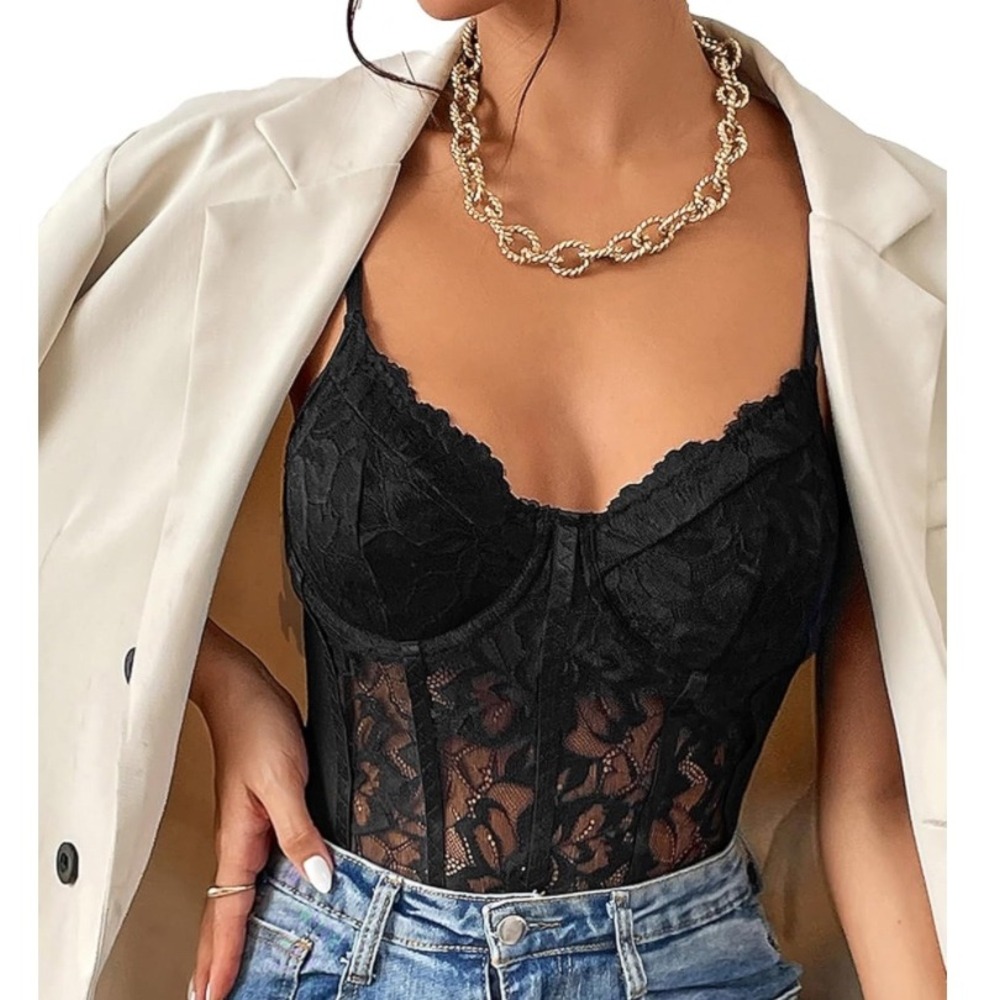 NWT COZYEASE Black Lace‎ Sheer Bustier Corset Bodysuit XS